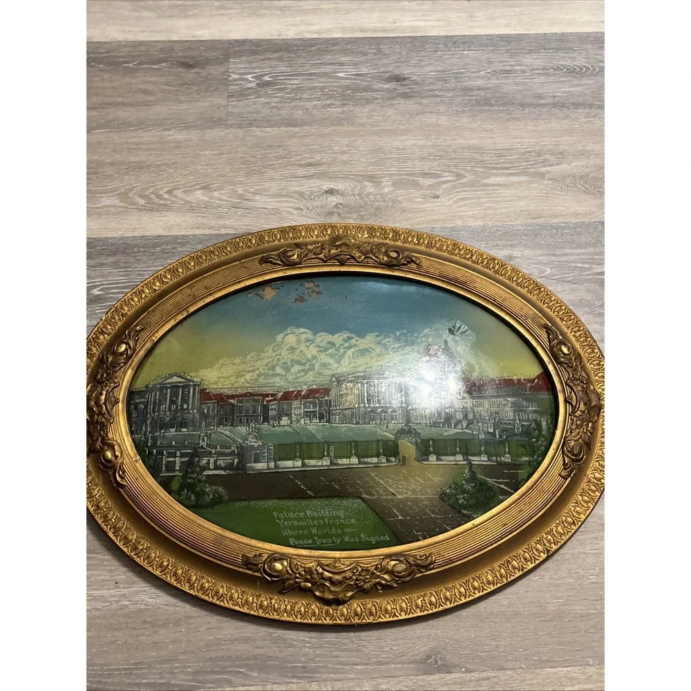 Antique Reverse Painted Bubble Glass Versailles France Gilded Oval Frame 24
